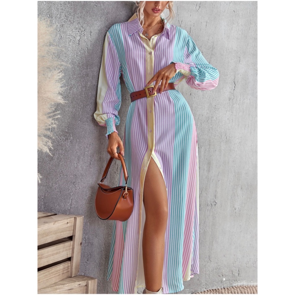 Bohemian Purple Multicolor Stripes Button up Dress - Picture 1 of 3